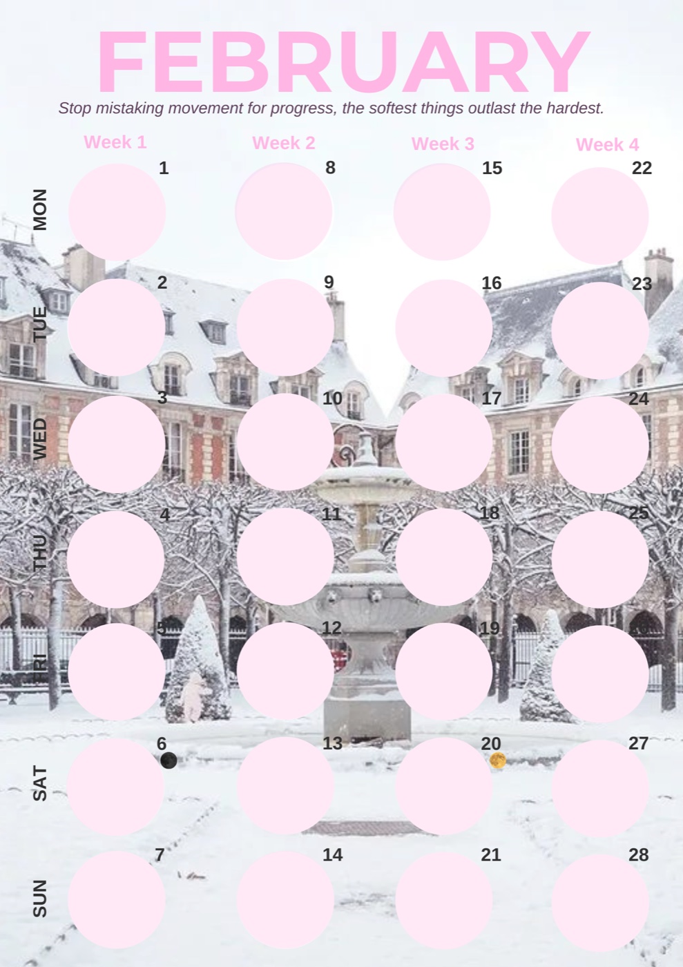 February: snow over Place des Vosges in Paris, pink typography