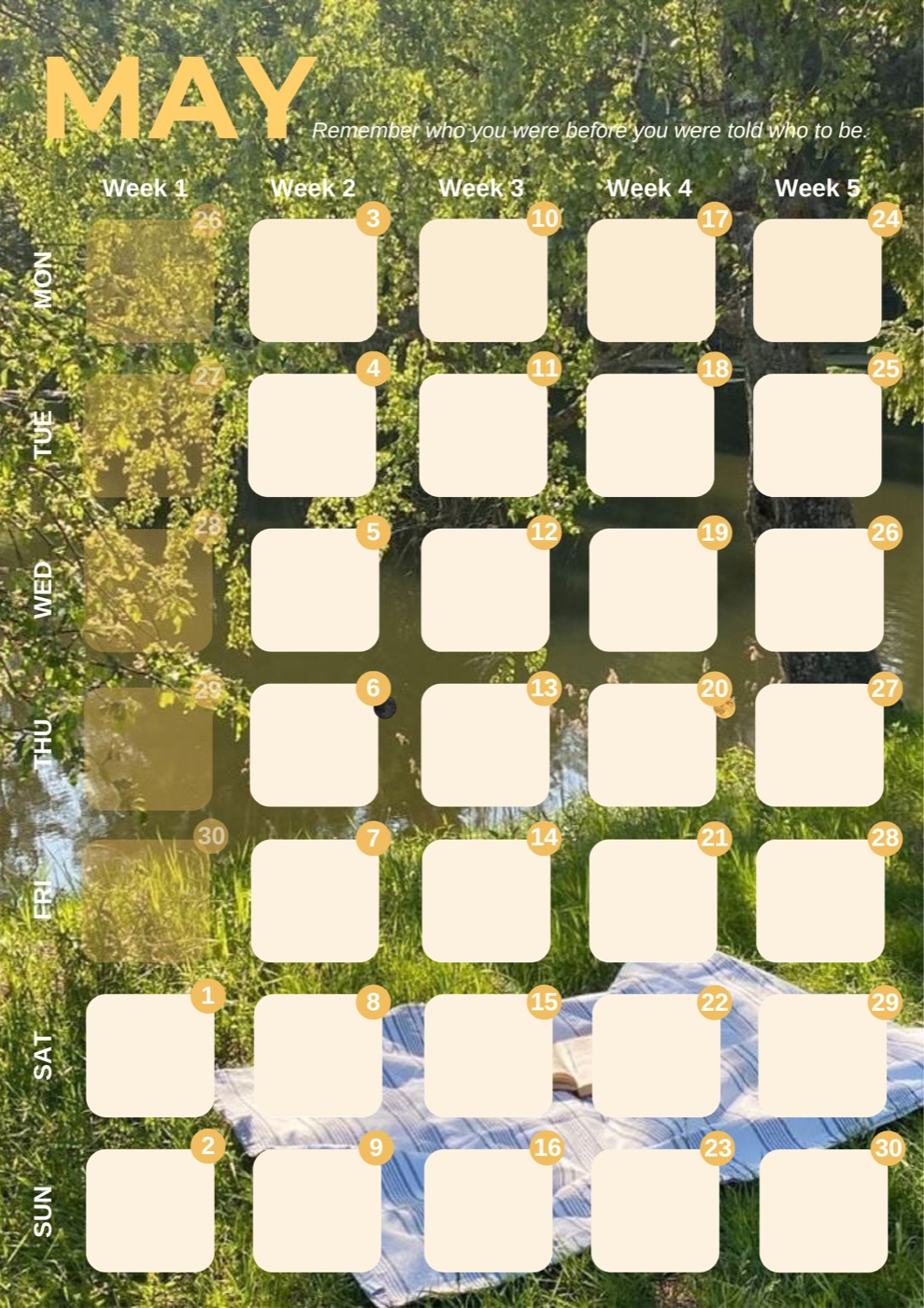 May: a riverside picnic in dappled light, green and gold typography
