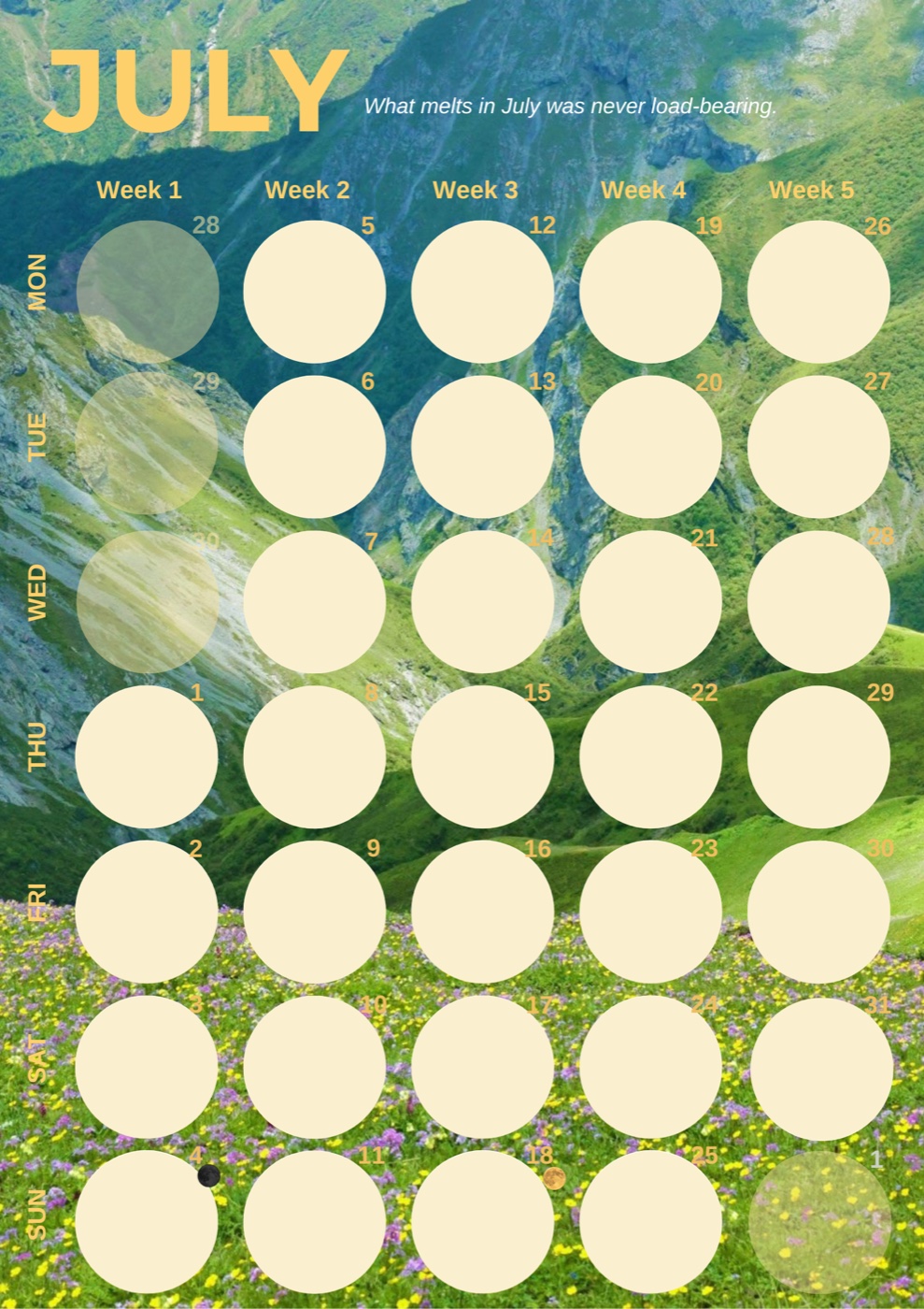 July: an alpine wildflower meadow, golden typography
