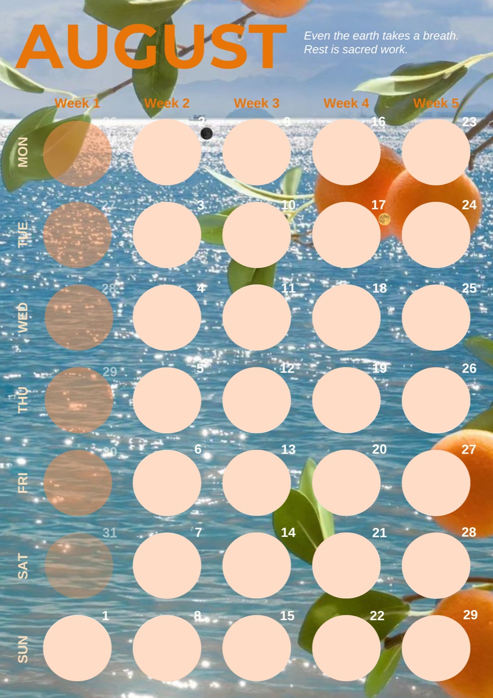 August: sparkling Mediterranean sea and a citrus branch, orange typography