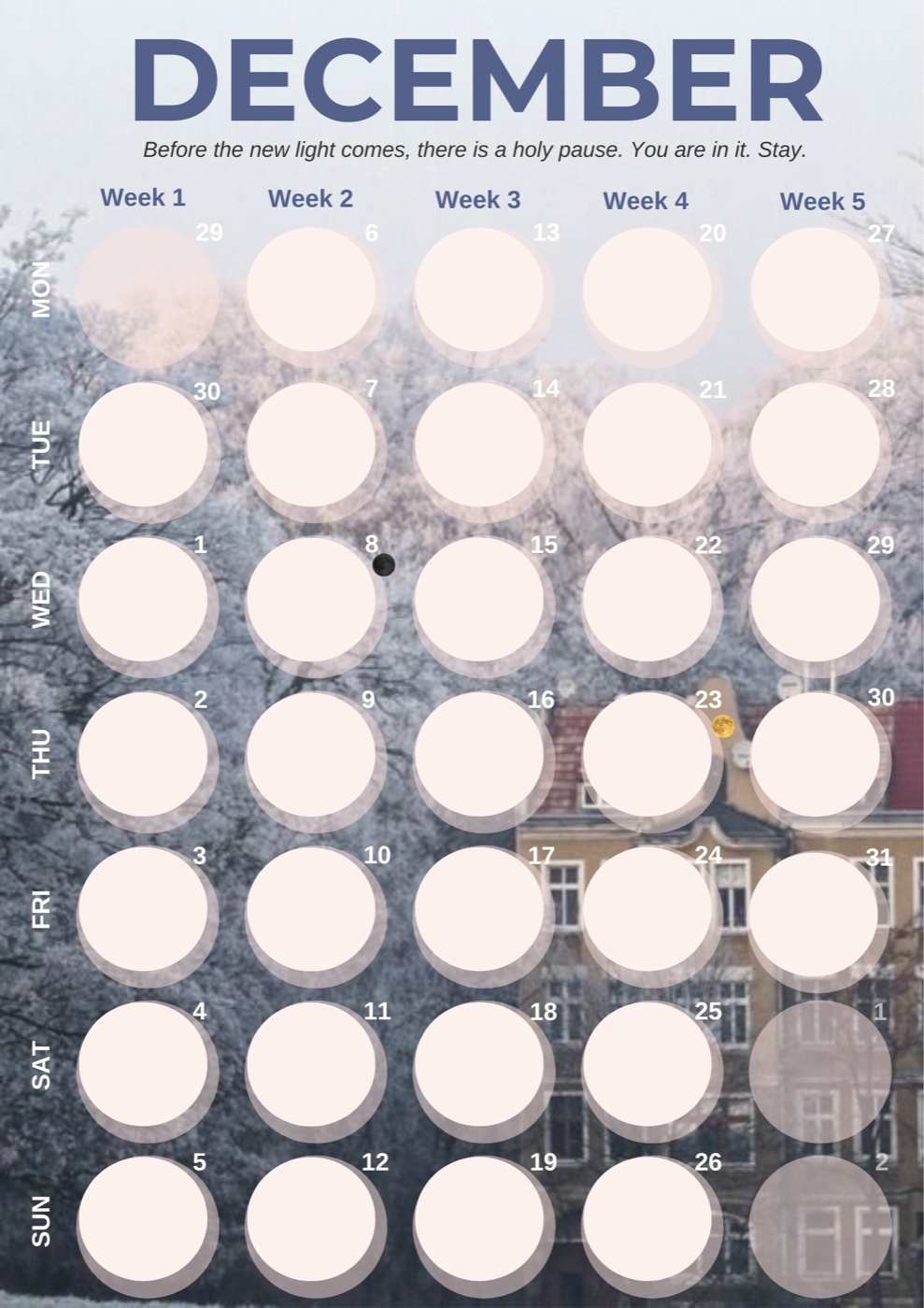 December: frosted trees and a snow-covered townhouse, blue typography