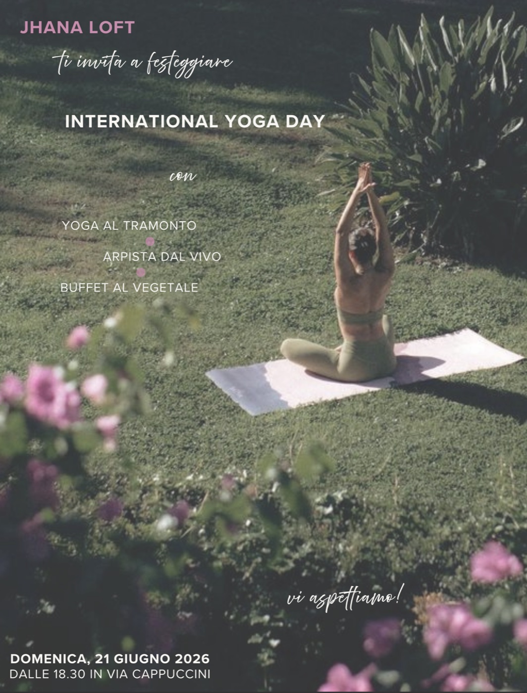Pink International Yoga Day invitation card for Jhana Loft, set over a garden photo of a yoga pose