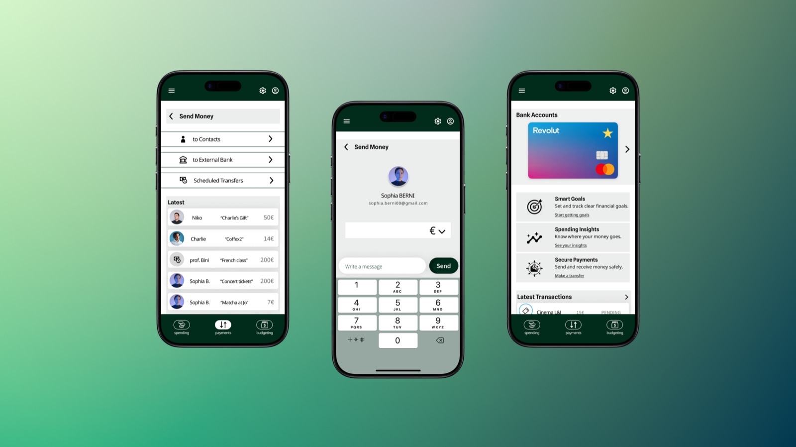 Three PlutoPay screens: Send Money list, keypad transfer, and connected bank accounts