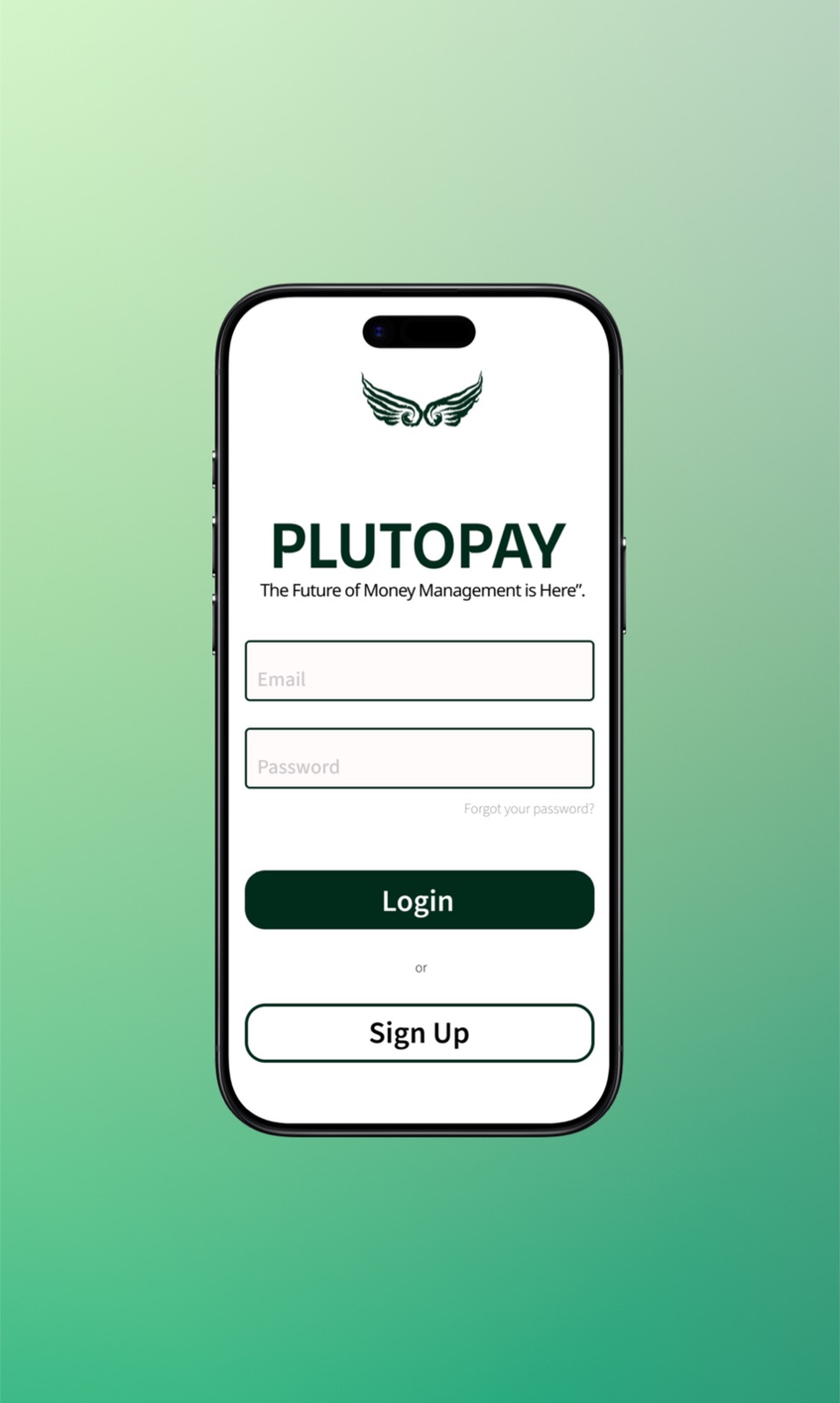 PlutoPay login screen with logo and email/password fields