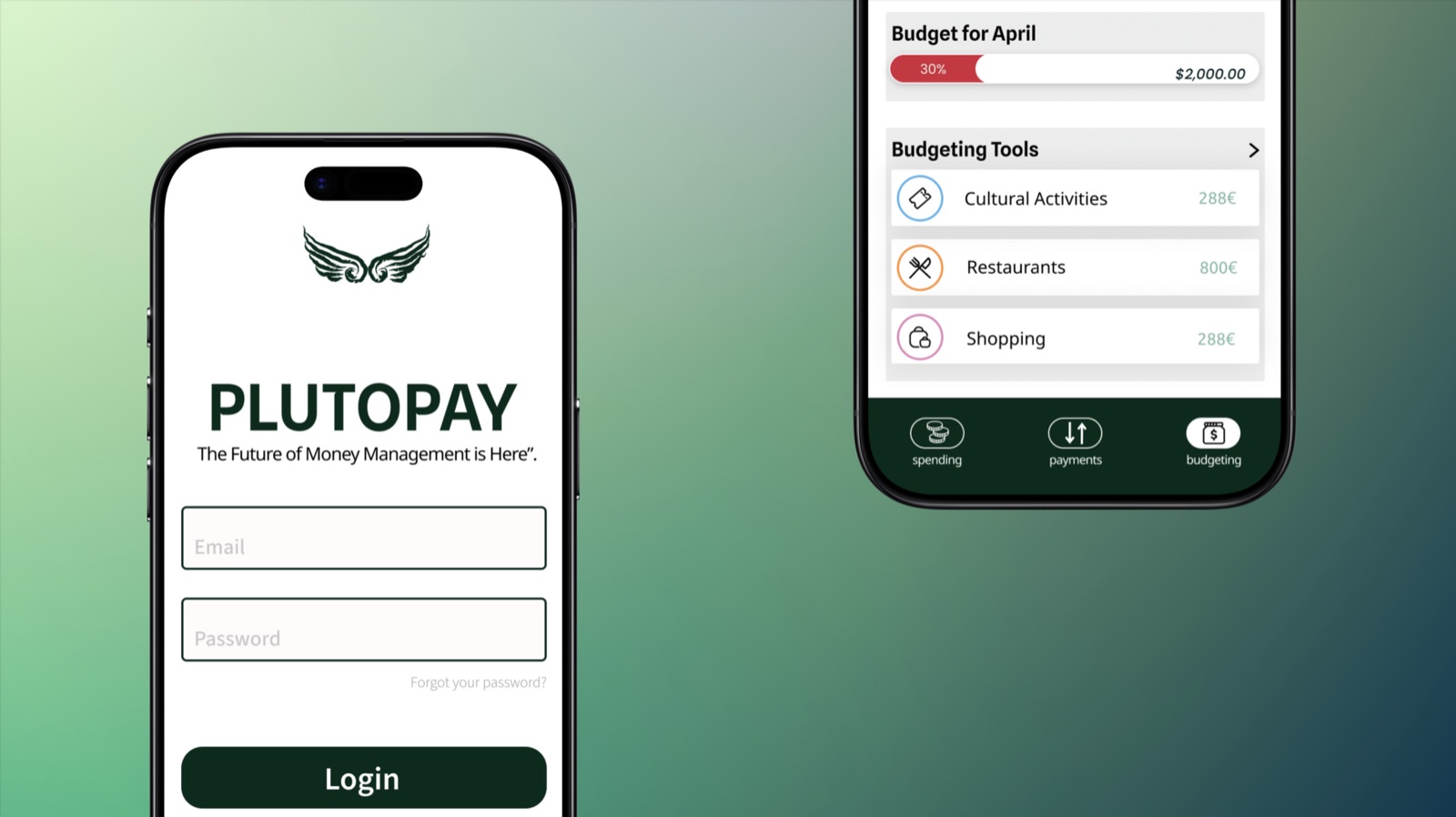 PlutoPay login screen alongside the monthly budgeting tools screen
