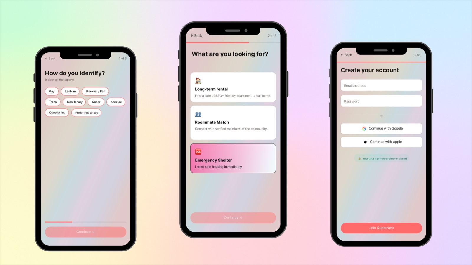 Three QueerNest onboarding screens: identity selection, housing needs, and account creation