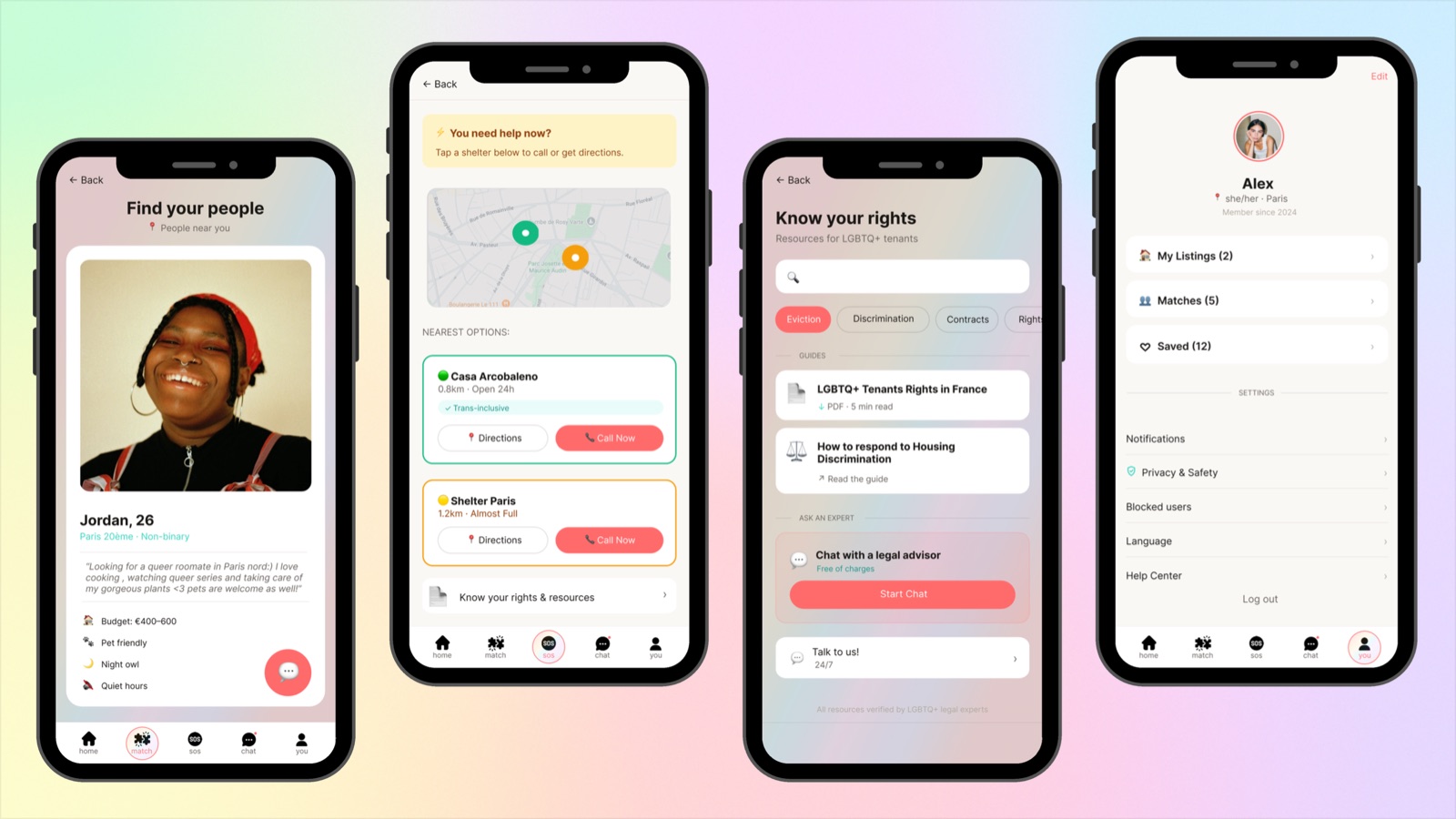 QueerNest roommate matching, emergency shelter map, legal rights hub, and profile screens
