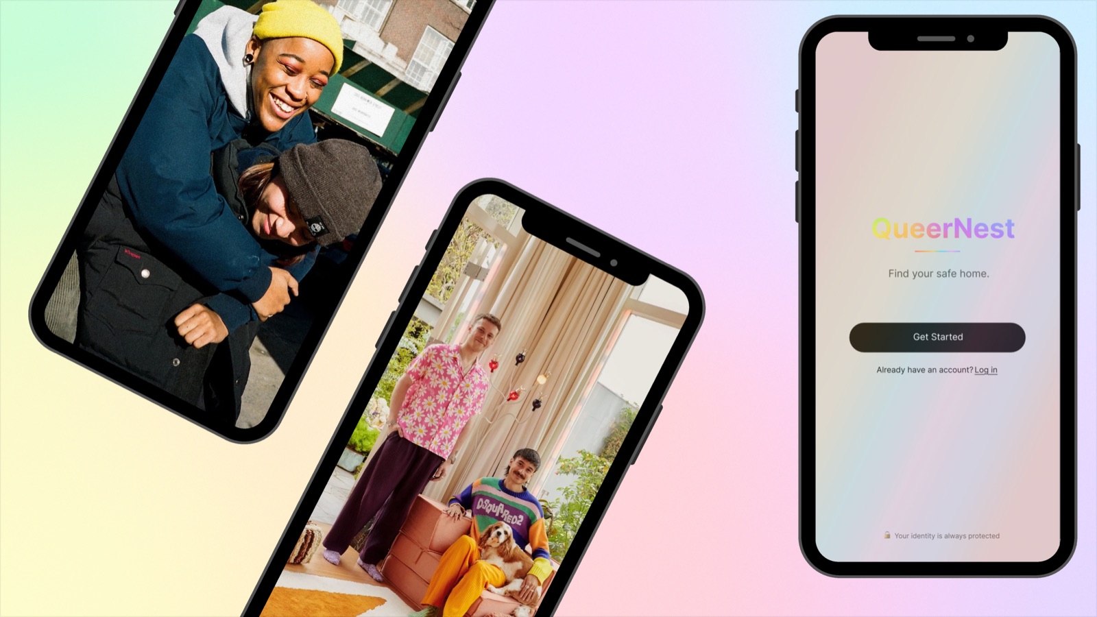 QueerNest lifestyle photography alongside the app's onboarding screen