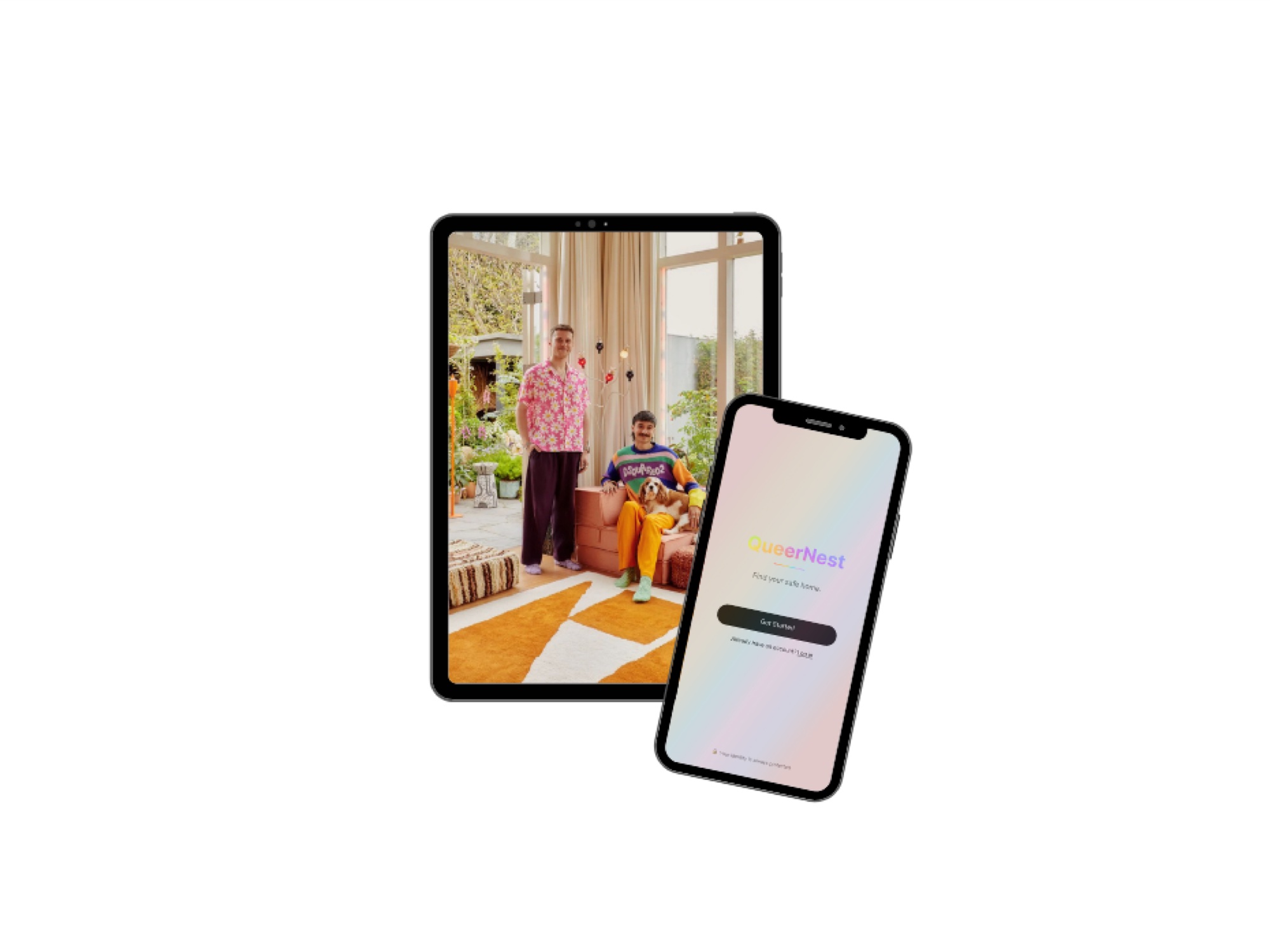 QueerNest app interface showing verified housing listings