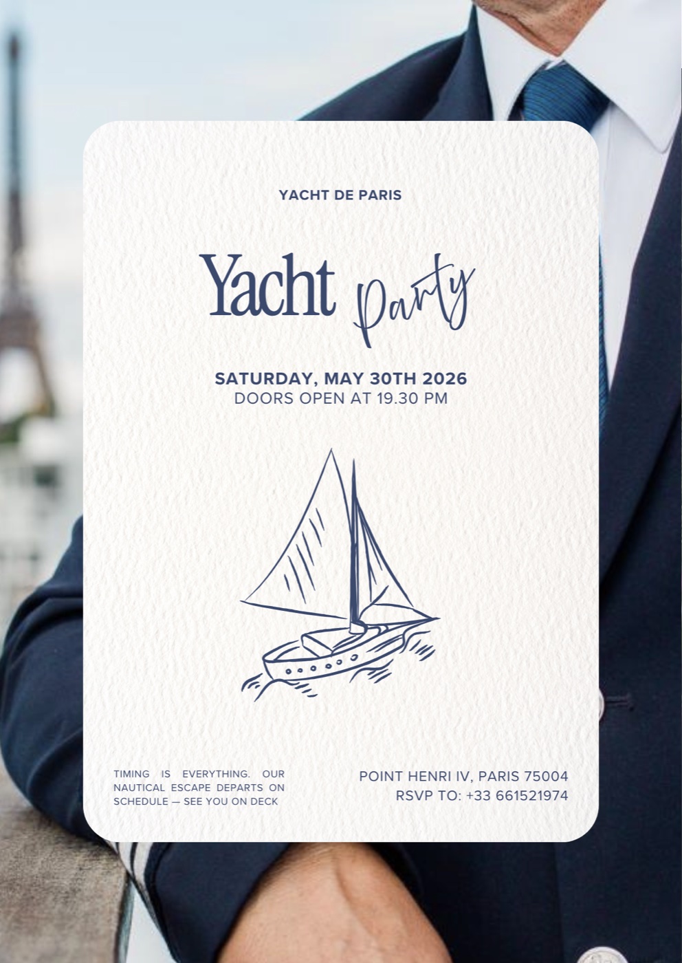 Navy and cream Yacht Party invitation card for The Seine Yacht Event, set against a photo of a guest in a suit